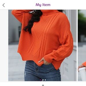 Orange cable-knit scallop hem turtleneck sweater